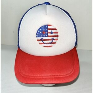 Smiley Emoji American Flag Trucker Hat Men's Adjustable White Patriotic USA